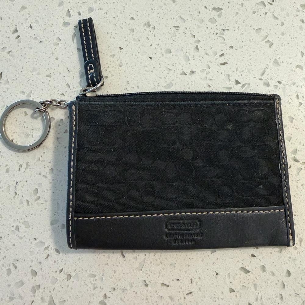 Coach Black Signature Zip Card Case with Key Ring